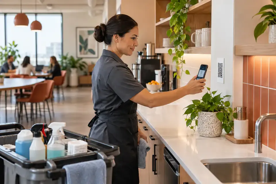 A cleaner scanning a QR code after completing a shared-space task