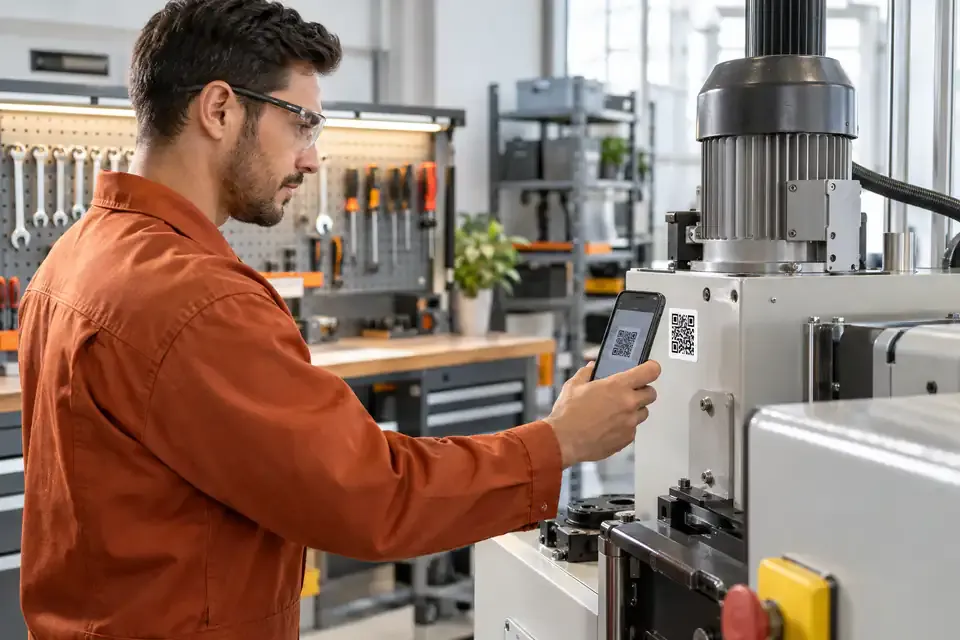 A technician scanning a QR label attached to workshop equipment