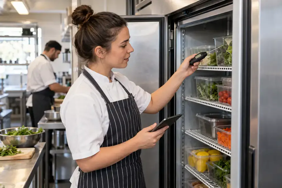 A kitchen worker recording a routine chiller temperature check