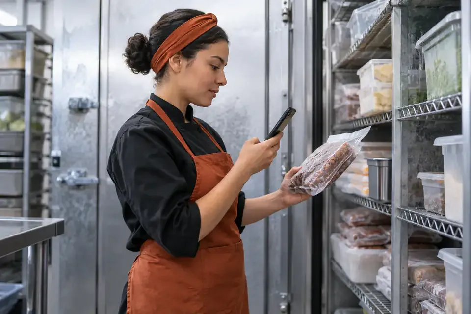 A kitchen team member scanning an item while checking freezer inventory