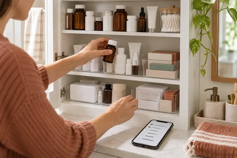 A person organizing medicine while tracking quantities on a phone