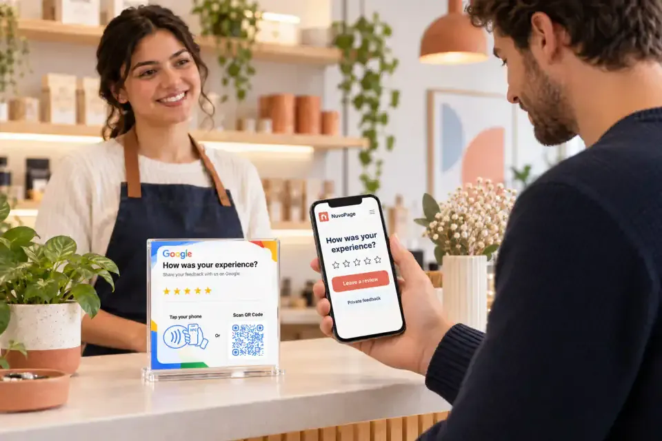 A customer sharing private feedback after scanning a NuvoPage review card