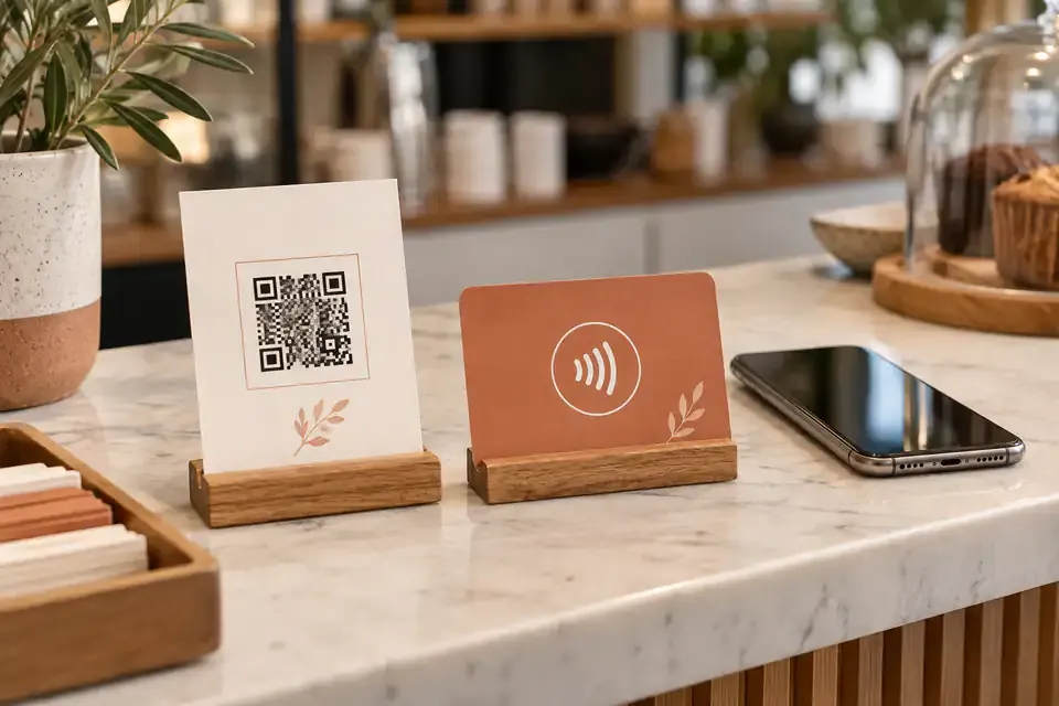 QR code and NFC cards arranged together on a business counter