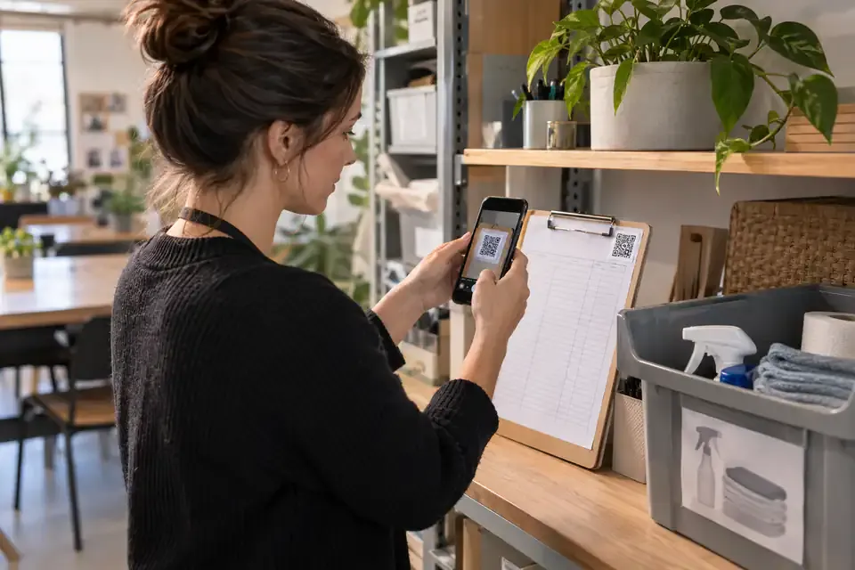 A team member scanning a QR label beside a workplace logbook