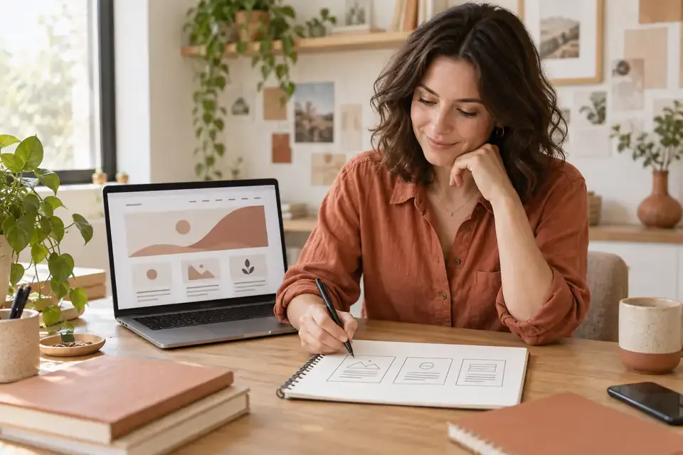 A small business owner planning a focused website at her desk
