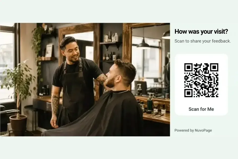 NuvoPage signage showing a barbershop image beside a feedback QR code