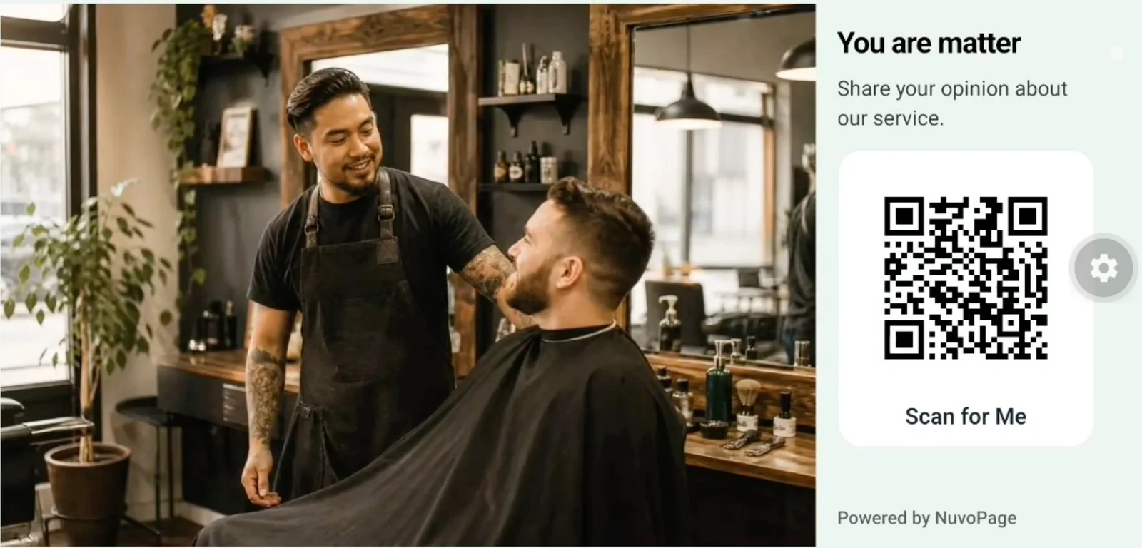 NuvoPage signage player showing a barbershop image beside a customer feedback QR code